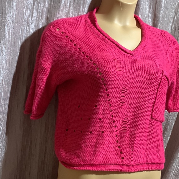 fire Los Angeles Sweater M Dark Pink Pullover Short Cropped Stretch Short Sleeve - Picture 5 of 15